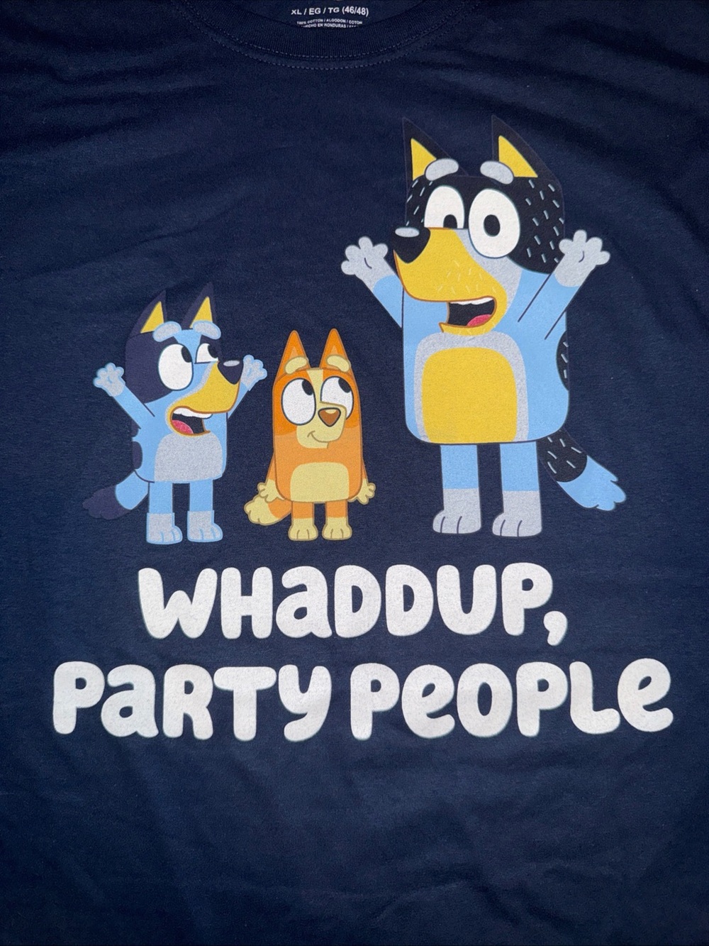 Bluey T-shirt Navy Blue "Whaddup, Party People" Bluey Cotton Tshirt Size XL - Picture 2 of 4